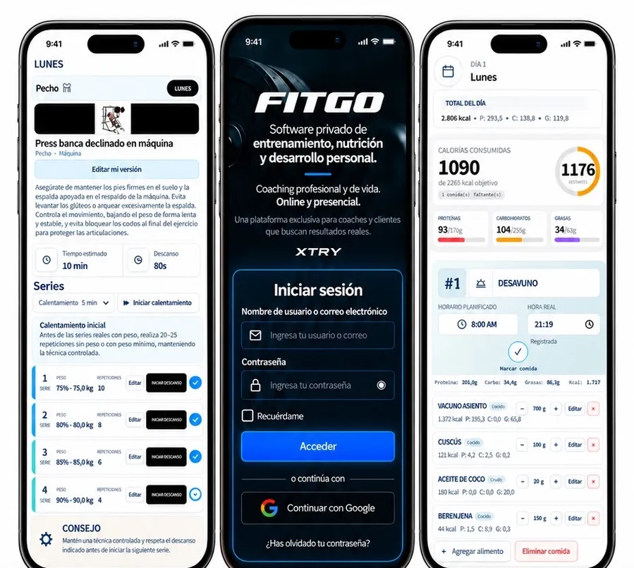 Vista móvil del software privado FITGO con entrenamiento, acceso y nutrición personalizada